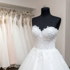 White wedding gown on a black mannequin in a bridal boutique
